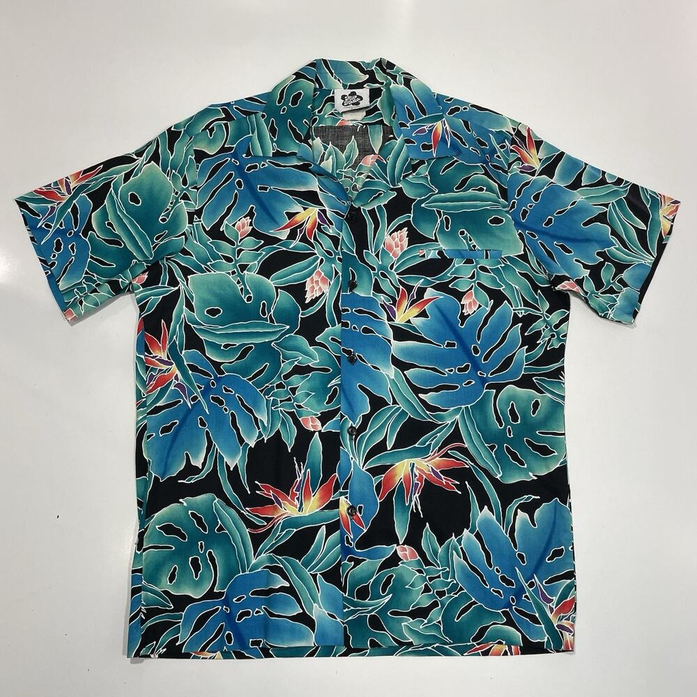 Hilo Hattie Mens Hawaiian Shirt Large Floral Blue Short Sleeves Bird Of Paradise